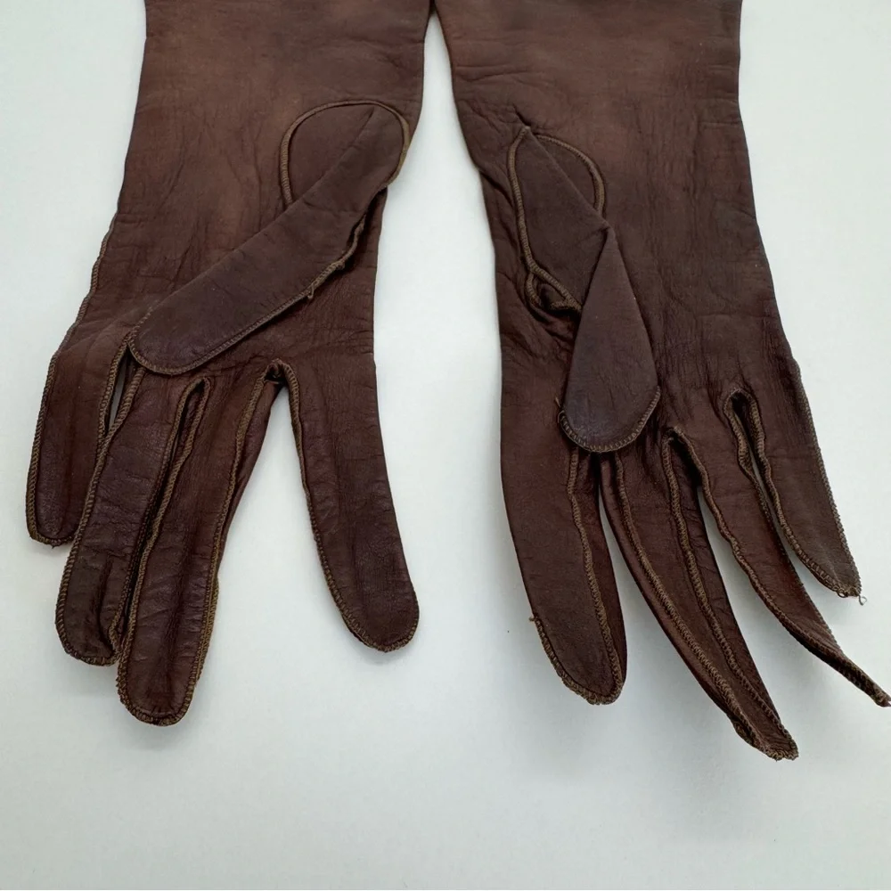 Vintage Embroidered Leather Gloves Women’s Brown